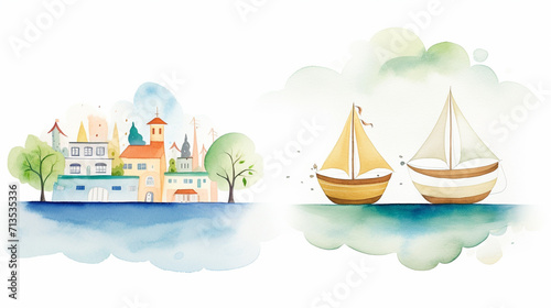 Coffee and boats, Cartoon drawing, Water color style, AI Generated
