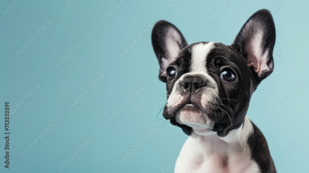 Photo portrait of a sitting puppy of a black and white French bulldog on a light blue background