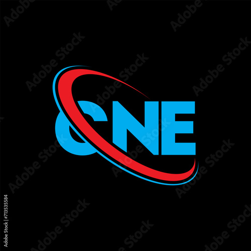 CNE logo. CNE letter. CNE letter logo design. Initials CNE logo linked with circle and uppercase monogram logo. CNE typography for technology, business and real estate brand. photo