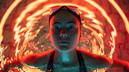 Professional swimmer woman in swimming pool. Face in splashes of water on yellow neon lights.