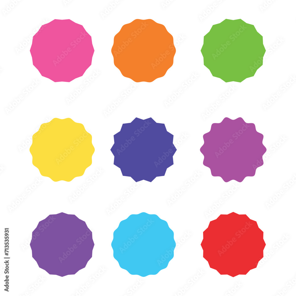 set of Different starburst, sunburst badges, shapes in 9 color, unburst badges. Vintage labels. Starburst sale sticker. Different starburst, Colored stickers. Sunburst price tags. set of Different starburst, sunburst badges, shapes in 9 color, unburst badges. Vintage labels. Starburst sale sticker. Different starburst, Colored stickers. Sunburst price tags.