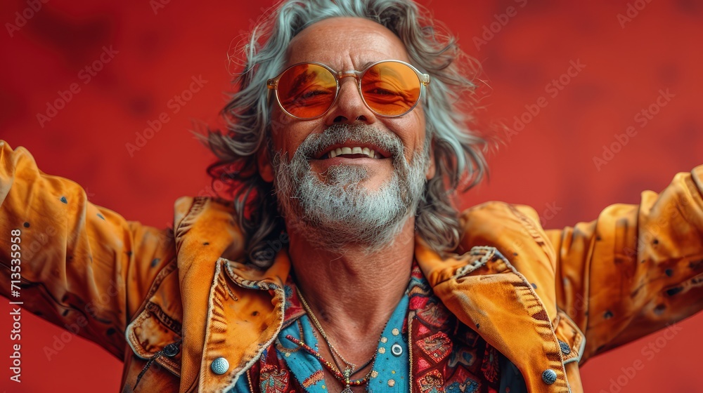 Exuberant senior man with silver hair and orange-tinted sunglasses, arms wide open in joy, wearing a vibrant jacket against a red backdrop.