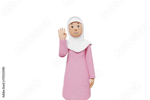 3d illustration of muslim woman greeting with white shirt and transparent background