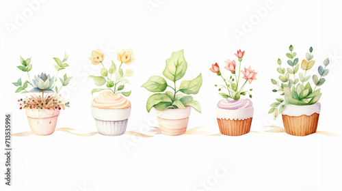 Herbs and cakes, Cartoon drawing, Water color style, AI Generated