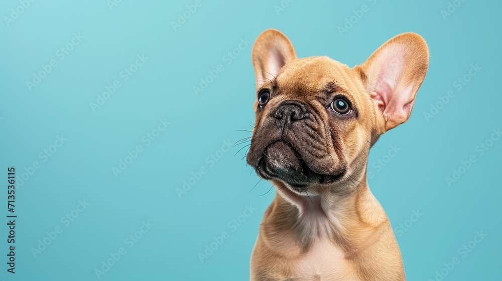 Photo portrait of a sitting puppy of a fawn French bulldog on a light blue background