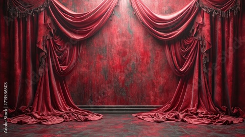 Luxurious red velvet curtains with intricate tassels elegantly drape against a distressed wall, creating a sumptuous and dramatic theatrical backdrop. photo