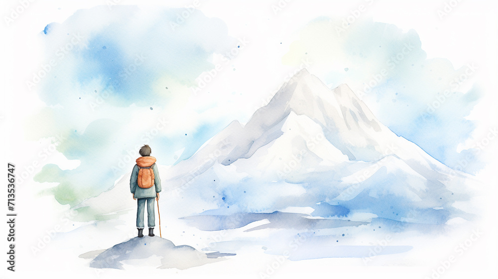 Lonely traveler standing on snowy mountain peak cartoon drawing, AI Generated