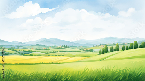 Lush green fields of Tuscan countryside in Italy cartoon drawing, AI Generated © Watercolorbackground