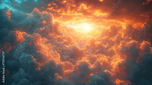 Majestic clouds envelop a fiery sunset  casting a vivid glow over tranquil waters  evoking a sense of serenity and awe