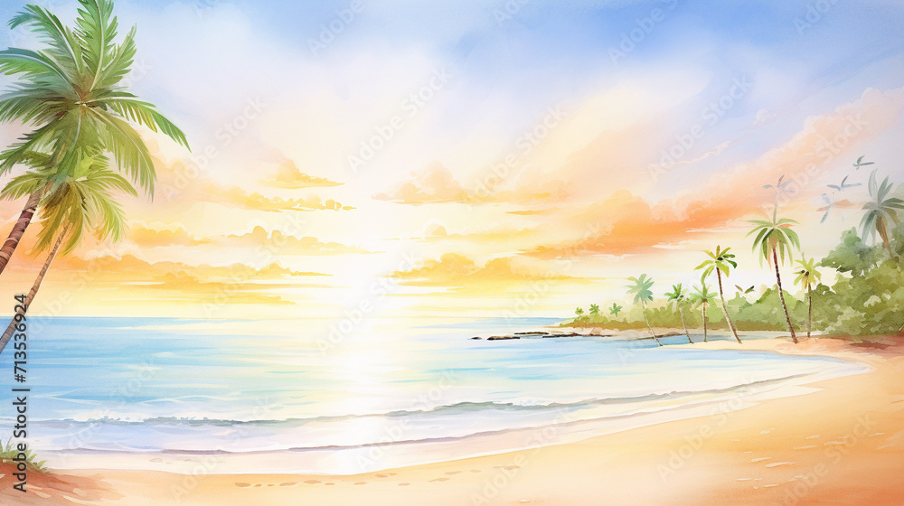 Morning sunrise at bustling tropical beach cartoon drawing, AI Generated