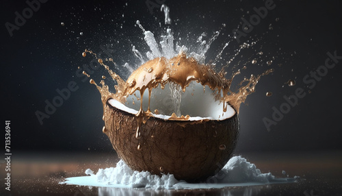 Half fresh coconut fruit on water splashing wallpaper