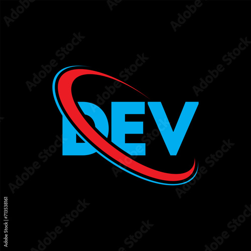 DEV logo. DEV letter. DEV letter logo design. Initials DEV logo linked with circle and uppercase monogram logo. DEV typography for technology, business and real estate brand.