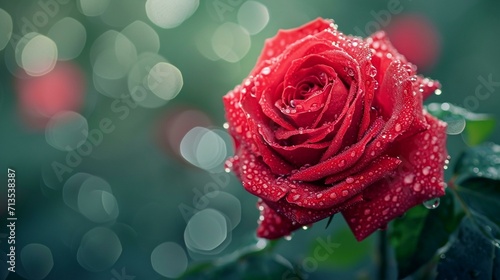 Soft focus on a single red rose with dewdrops  highlighting the beauty of nature.  Single red rose with dewdrops  space for text  elegance  and sensuality