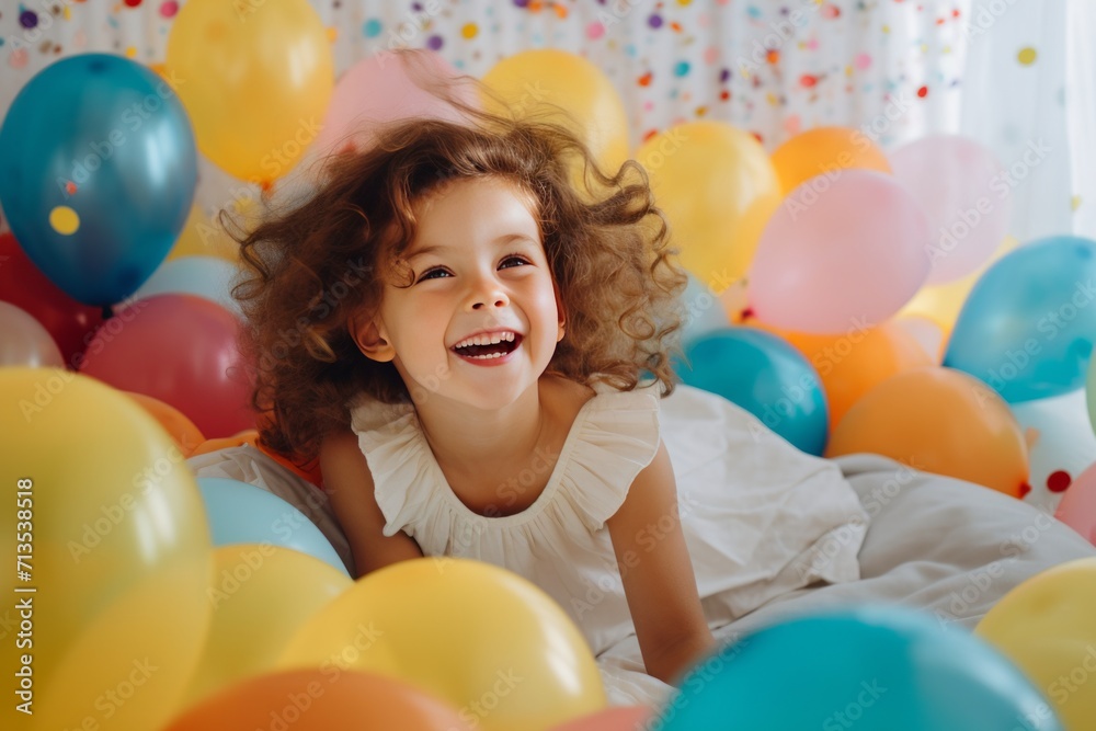 A happy little girl is sitting on the bed in her room decorated with a lot of colorful balloons and smiling. The concept of holidays and happy birthday surprise. Generated by AI.
