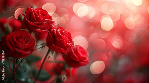 Red roses with a bokeh background  adding a dreamy and ethereal quality to the composition.  Red roses with bokeh background  space for text  elegance  and sensuality