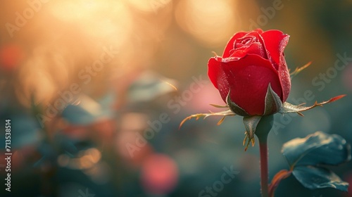 Red rosebud with a soft focus, creating a gentle and romantic ambiance. [Soft focus red rosebud, space for text, elegance, and sensuality