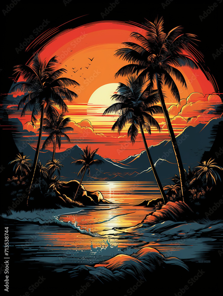 T-shirt design, vectorized t-shirt design of palm trees at beach, detailed, vintage, playful , caricature style created with Generative Ai