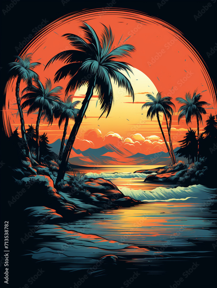 T-shirt design, vectorized t-shirt design of palm trees at beach, detailed, vintage, playful , caricature style created with Generative Ai