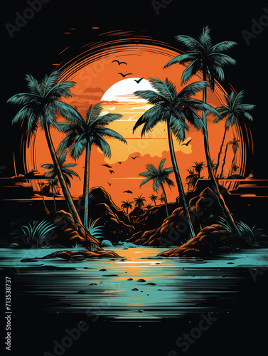 T-shirt design, vectorized t-shirt design of palm trees at beach, detailed, vintage, playful , caricature style created with Generative Ai © Andrii Yablonskyi