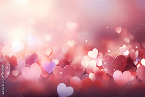 Captivating blurred background featuring a gradient from pink to white adorned with hearts, perfect for Valentine's Day celebration. Glowing patterned banner
