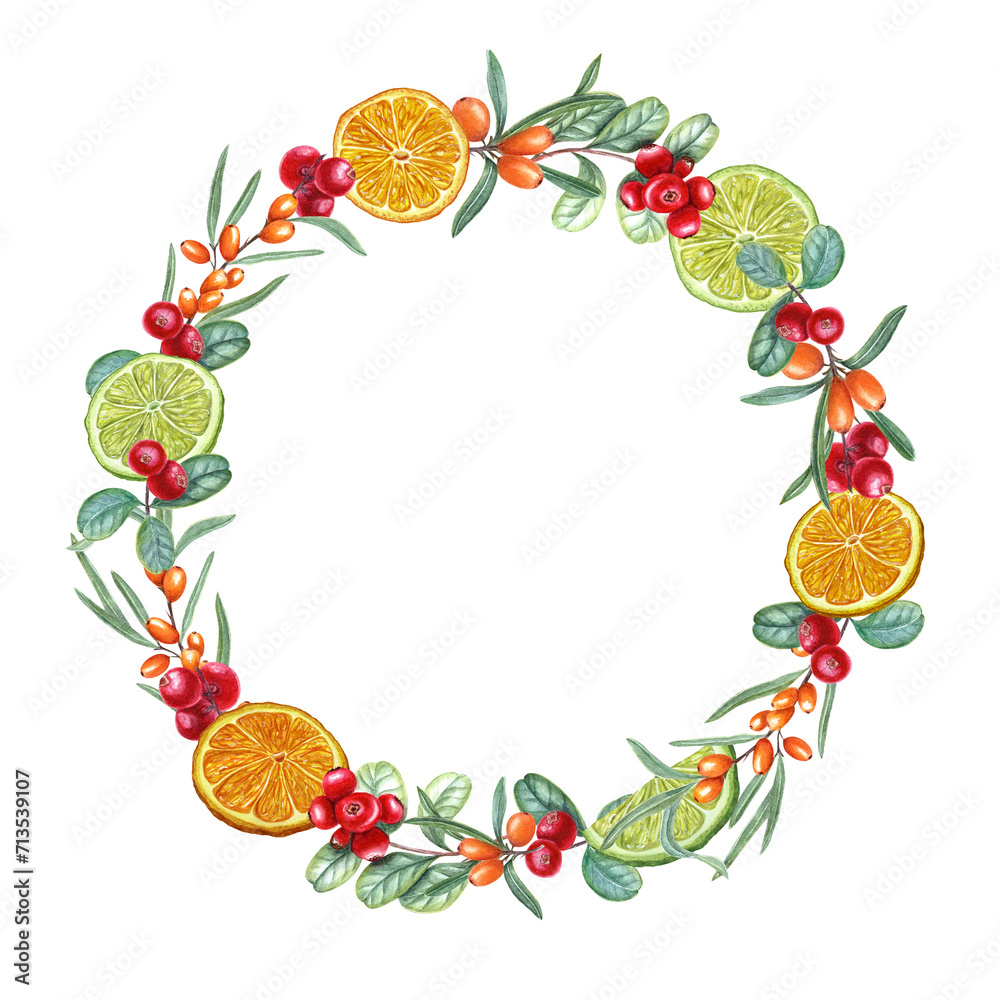 Wreath with ripe aromatic berries, citrus and herbs. Mint leaves, lime, orange, sea buckthorn and cowberries. Watercolor illustration. For postcard, invitation template, package. Space for text