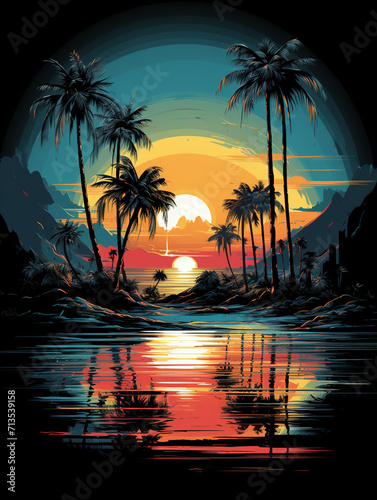 T-shirt design  vectorized t-shirt design of palm trees at beach  detailed  vintage  playful   caricature style created with Generative Ai