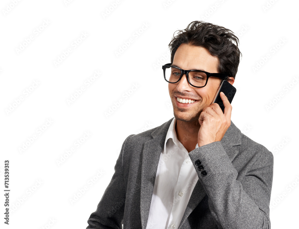 Phone call, smile or business man in studio with conversation, advice or communication on white background. Smartphone, discussion or guy entrepreneur with friendly service, help or online consulting