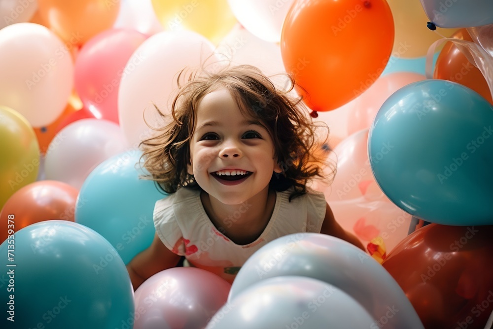 A little happy girl is in her room decorated with a lot of colorful balloons and smiling. The concept of holidays and happy birthday surprise. Generated by AI.