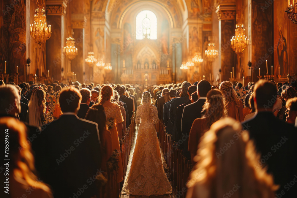 A large luxury wedding a church with bright sunlight coming through the windows
