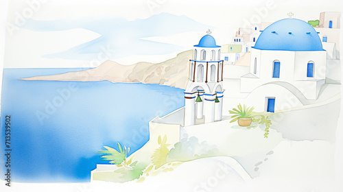 Iconic view of Santorini's white and blue architecture along Aegean Sea cartoon drawing, AI Generated