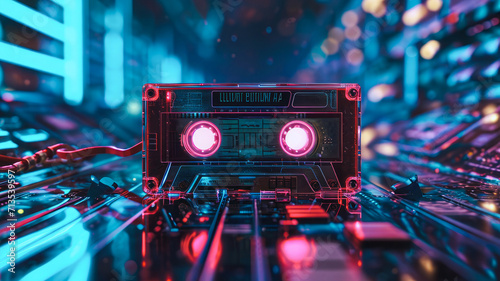  Old hits with analog audio cassette, retro futuristic background.