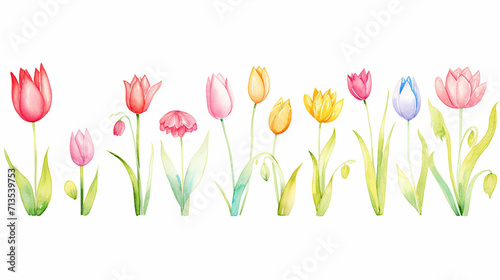 Tulips and food, Cartoon drawing, Water color style, AI Generated