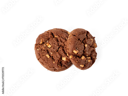 Chocolate rich cookies with contrasting white chocolate chips, transparent background. Cookies with white chocolate close-up PNG format.
