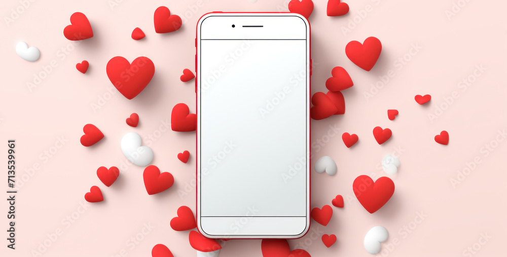 Mobile phone top view with white empty white screen surrendered small red hearts, greeting card with smartphone mockup copy space for valentine's day on pink background - obrazy, fototapety, plakaty 