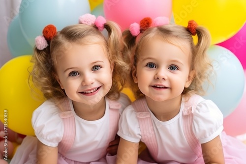 Two little girls are twin sisters among a multitude of colorful balloons smiling together. The concept of holidays and happy birthday surprise. Generated by AI.