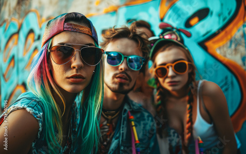 
A group of enthusiasts with brightly colored hair and sunglasses, inspired by the styles of the '90s and 2000s. A retro fashion trend.