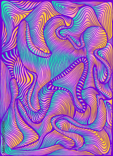 Glowing neon rainbow hippie trippy psychedelic style colorful waves hand draw background. Vintage bright abstract ornament trippy waves texture.