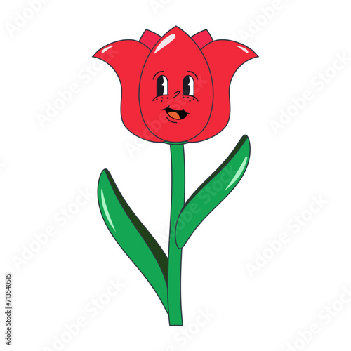 Tulip. Spring laughing flower with cheerful eyes and delicate petals. Beautiful, bright vector illustration of a spring flower - tulip. Vector doodle happy laughing retro flower with eyes.