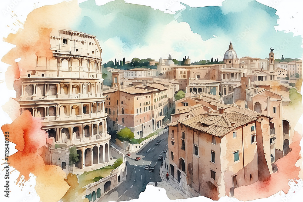 Rome city in Italy detail watercolor background