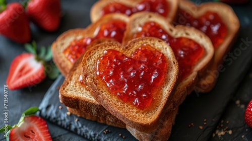 Heart-shaped strawberry jam on toast, with fresh berries on the side—ideal for a sweet, romantic breakfast or Valentine's treat photo