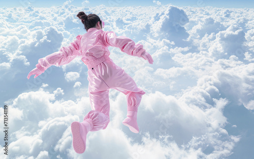 A woman in a pink suit floats above the clouds, embodying the elegance of a child roboticist. The concept blends innocence with a technological spirit, creating magic above the sky.