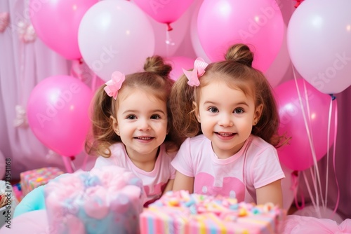 Two little girls are twin sisters among a pastel trendy color pink balloons smiling together. The concept of holidays and happy birthday surprise. Generated by AI.