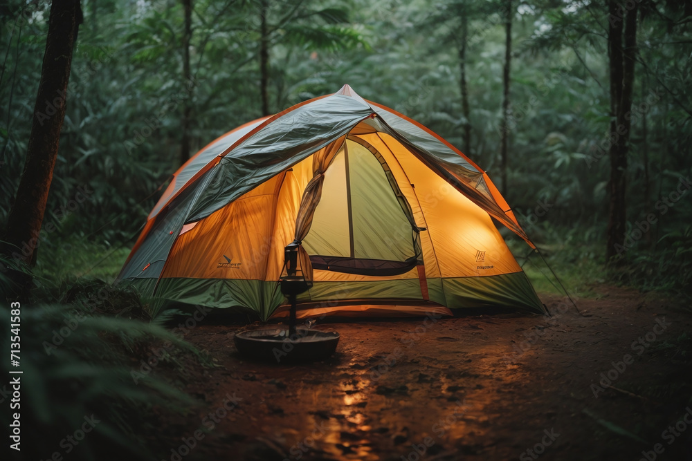 tent in the forest in the night and rain