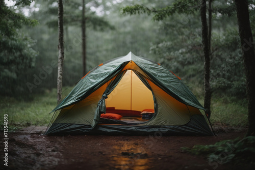 tent in the forest in the night and rain