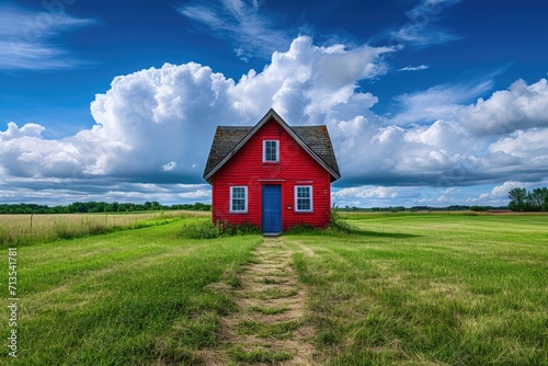Vintage Red Dream Home with Blue Sky and Green Lawn