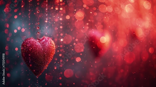 Suspended red heart with sparkling droplets against a vibrant bokeh background, epitomizing the essence of love and Valentine's Day