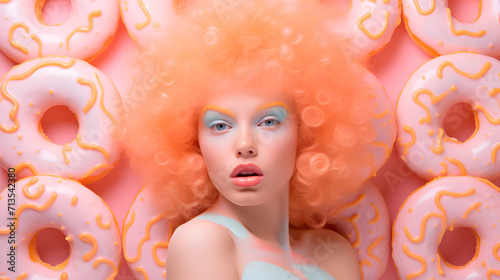 A beautiful woman with orange hair and bright makeup on a background of donuts studio shot.