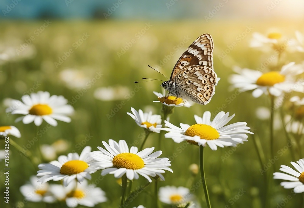Beautiful wild flowers chamomile with butterfly on sunny spring meadow close-up macro Landscape wide Beautiful wild flowers chamomile with butterfly on sunny spring meadow close-up macro Landscape wide