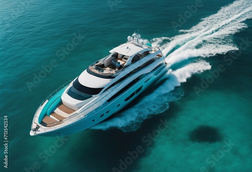 Aerial view of luxury motor boat Speed boat on the azure sea in turquoise blue water birdseye aerial © ArtisticLens