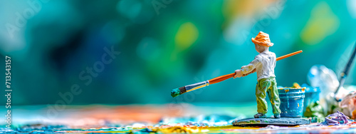 A miniature figurine of an artist with a paintbrush, creating colorful strokes on an abstract palette backdrop.